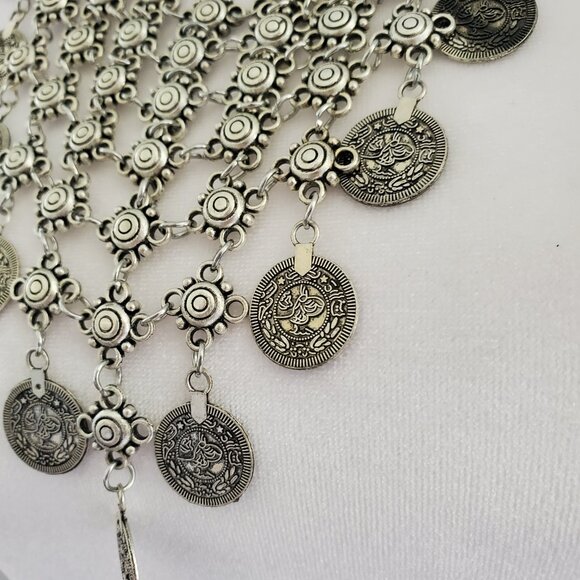 Vtg Boho Coin Bib Necklace Rustic Silver Statement Necklace Costume Jewellery - Picture 4 of 7